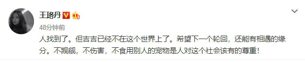 寻鸭启示后王珞丹再发微博 吉吉已经不在这个世界上了