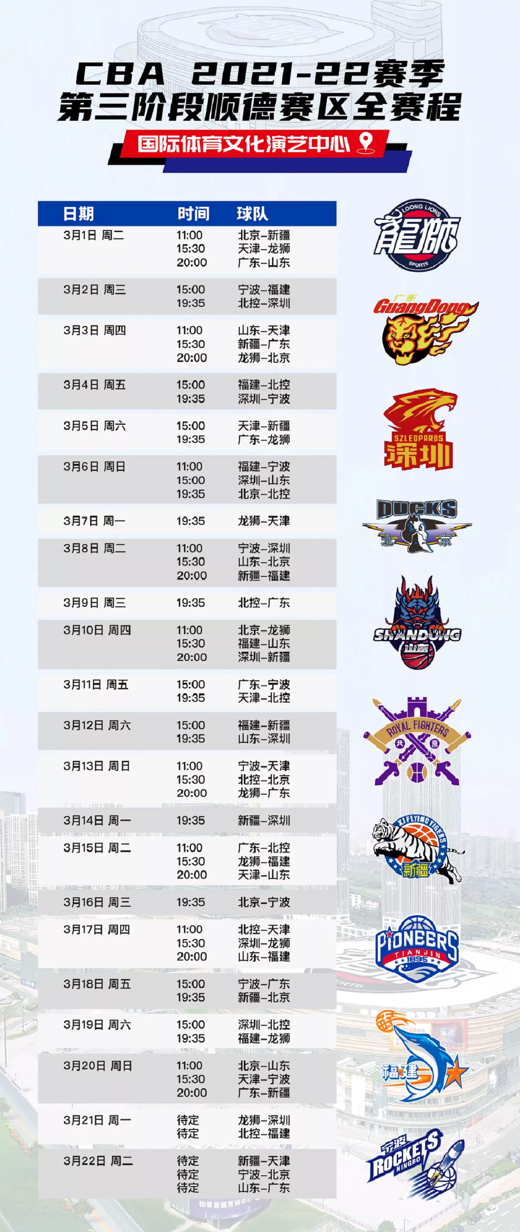 2022CBA常规赛第三阶段佛山站顺德赛区门票价格+赛程信息